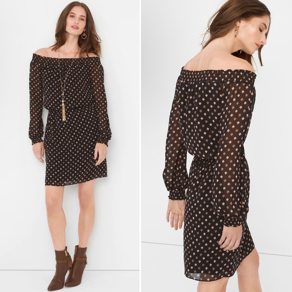 White House Black Market Off Shoulder Dress Print S Date Night Event